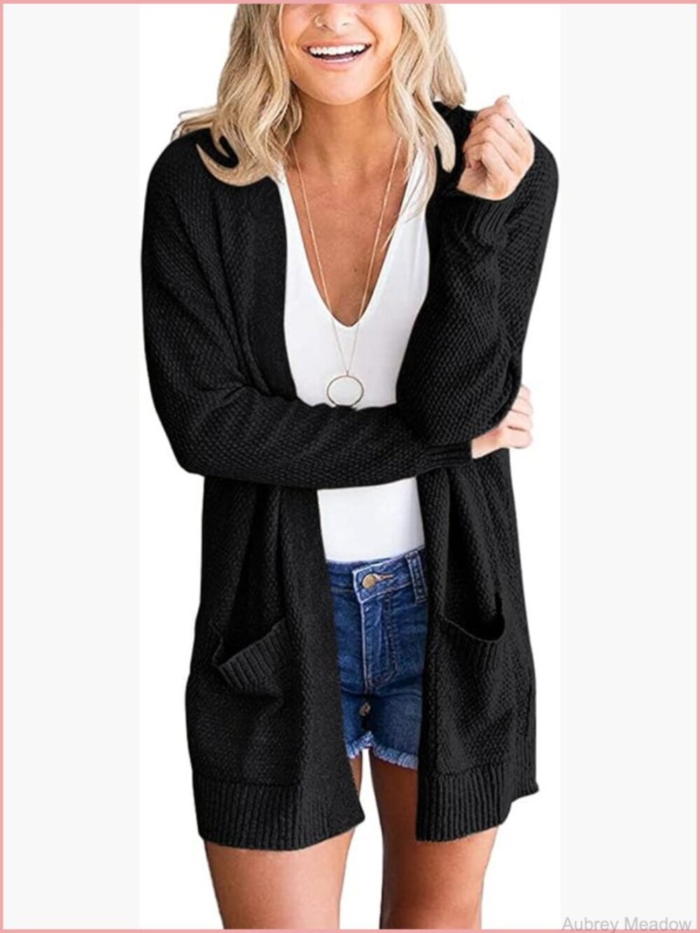 Long Sleeve Open Front Waffle Knit Cardigan Sweater Coat with Pockets